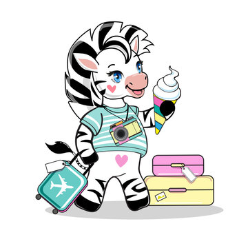 Funny cartoon summer travel zebra with suitcases on a white background. Vector illustration for kids. Design for t-shirt