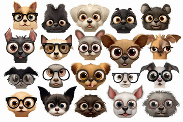 Cartoon animal faces with different expressions and emotions. Collage set. illustration. 