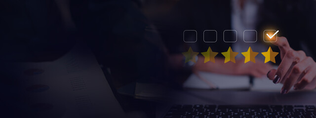 hand point at five star rate background or banner, review or feedback. Concept of online reviewing,...