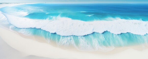 Fototapeta premium White sand near blue clear water beach, travel destination aerial view, summer panorama wallpaper. Generative Ai.