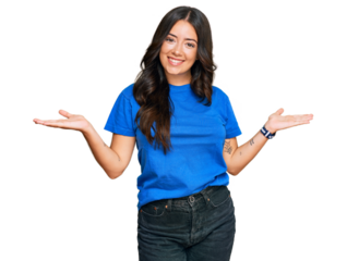 Beautiful brunette young woman wearing casual clothes smiling showing both hands open palms, presenting and advertising comparison and balance