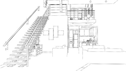 Vector illustration of interior sketch of coffee shop, living room, kitchen and stairs