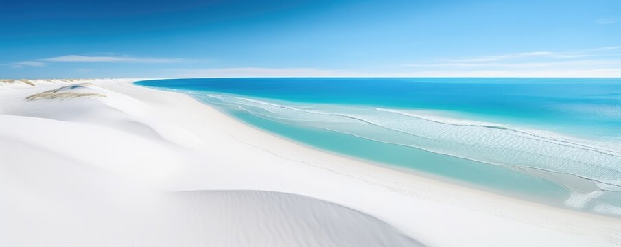 White sand near blue clear water beach, travel destination aerial view, summer panorama wallpaper. Generative Ai.