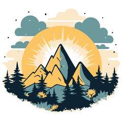 Mountain, Sky and sun, Sunset, Vector color illustration