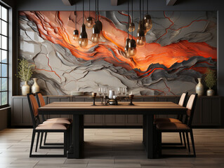A beautiful dining table with a dining room wall mural featuring abstract designs. Wall mural style organic form and dynamic with basic colors of gray and orange.