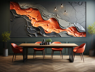 A beautiful dining table with a dining room wall mural featuring abstract designs. Wall mural style organic form and dynamic with basic colors of gray and orange.