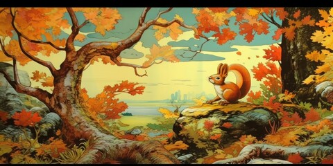 comic panel showcasing a mischievous squirrel collecting acorns during autumn scene is filled with dynamic motion as the squirrel leaps from tree to tree  Generative AI Digital Illustration