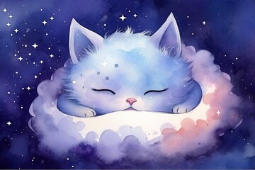 Obraz na płótnie Canvas Watercolor Sleepy Cat at night, space background with stars Generative AI
