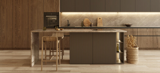 Minimal modern dark wooden kitchen. Interior design apartment with scandinavian style. Brown color kitchen island. Horizontal banner panoramic background. 3d rendering illustration