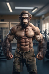 Fototapeta na wymiar fit Monkey standing at the gym, Fitness Monkey Exuding Strength at the Gym, generative AI