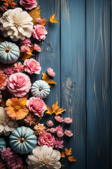 Shabby wood, pumpkins, background image, flat lay, barbiecore, pink and pastel blue palette. AI generative