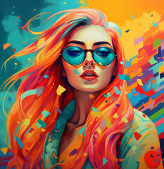 Fototapeta na wymiar Bold Colorful Vivid Retro Woman Face Portrait Digital Illustration Artwork 