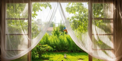 Pvc window with mosquito nets against background of the yard with green trees on summer day, concept of Home improvement, created with Generative AI technology