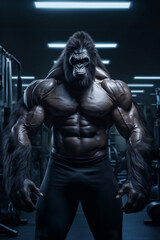 Fototapeta na wymiar fit Gorilla standing at the gym, Musclebound Gorilla Flexing with Dumbbells at the Gym, generative AI