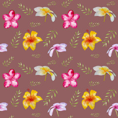 Tropical flowers seamless pattern. Watercolor illustration, hand drawn. Floral pattern on multi color background. Perfect for fabric, textile, greeting card design.