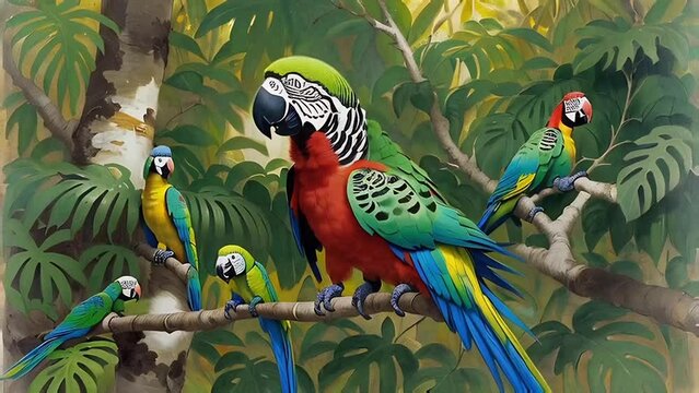 One single multi-colored parrot sits on a branch in a tropical forest