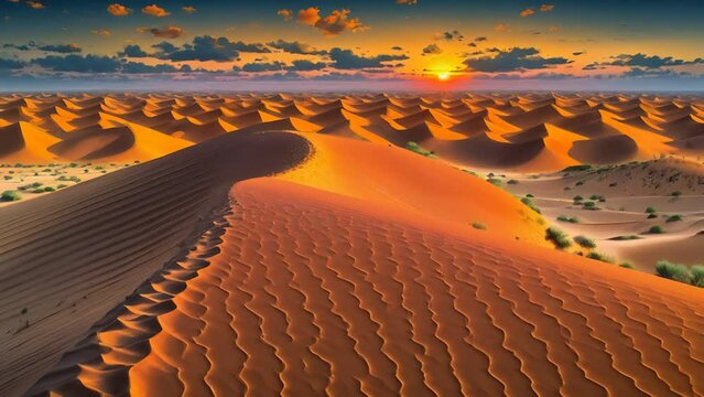 Endless desert with dunes and the setting sun, with sandy hills