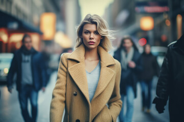 Obraz premium A young fashion model walking down a busy city street, surrounded by fascinated onlookers, representing the influence and impact of fashion. Generative AI