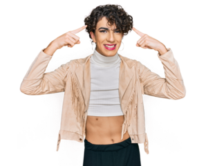 Handsome man wearing make up and woman clothes smiling pointing to head with both hands finger, great idea or thought, good memory