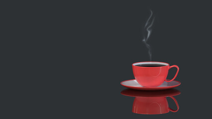 A red cup of coffee stands on a dark mirror surface. Steam comes out of the cup
