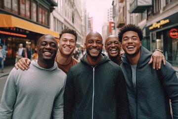 Group of multiracial man standing together in city street