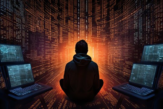 Back view of A hacker in the process of hacking the network. A person sitting in front of multiple monitors. Abstract image of a hacker. Computer security threat.