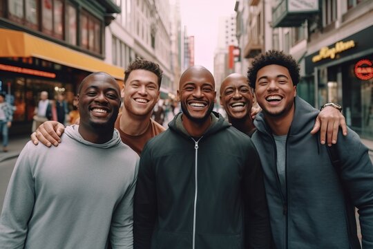 Group of multiracial man standing together in city street