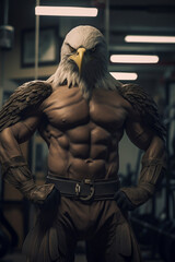 Fototapeta na wymiar fit Eagle standing at the gym, Powerful Eagle Flexing Muscles at the Gym, generative AI