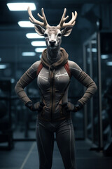 fit Deer standing at the gym, Gym-ready deer showing off its fitness in a stunning photoshoot, generative AI