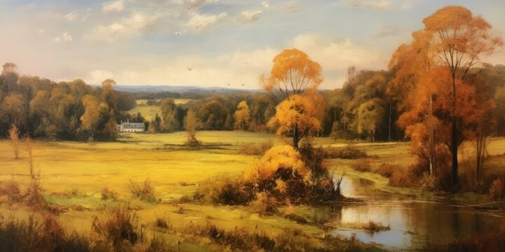 oil painting portraying an autumn countryside scene scene features rolling hills, meandering rivers, and golden fields  Generative AI Digital Illustration