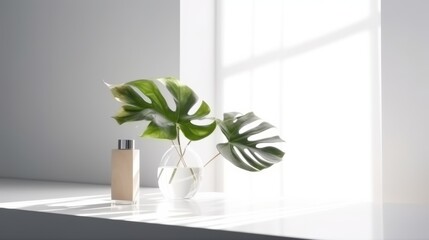 glasses perfume bottle template backdrop design on white table with tropical tree leaf plam decortive natural ideas with sun light and shadow creative product design advertisment concept,ai generate