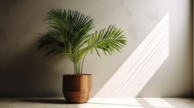 Tropical Palm Tree Pot On White Clean Clear Wall With Sun Light And Shade Beautiful Backdrop Mockup Nature Template Design,ai Generate