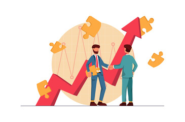 Business growth. The businessmen have made a deal and are shaking hands. There are puzzles all around and the graph arrow grows upwards