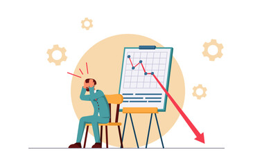 Business crisis. The businessman is desperate. The arrow on the chart is going down