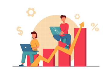 Business growth. People are working on laptops on a growing chart