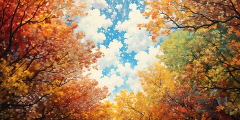 Obraz na płótnie Canvas A Majestic Autumn Landscape Painted in Earthly Hues, Where the Tree Leaves Create a Breathtaking Canopy Against the Mesmerizing Backdrop of the Expansive Autumn Sky Generative AI Digital Illustration