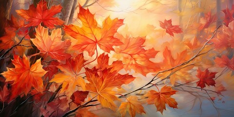 Naklejka na ściany i meble Lively Closeup Capturing the Mesmerizing Beauty of Falling Autumn Leaves. Bathed in the Vibrant Backlight of the Setting Sun, Each Leaf Radiates with a Vibrant Glow Generative AI Digital Illustration