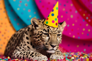 Funny and friendly cute leopard wearing a birthday party hat in studio, on a vibrant, colorful background. Generative AI