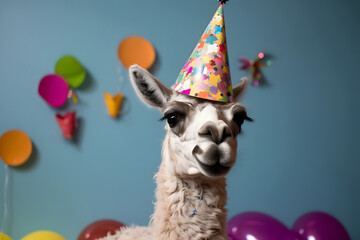 Funny and friendly cute llama wearing a birthday party hat in studio, on a vibrant, colorful background. Generative AI - obrazy, fototapety, plakaty