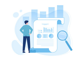 Businessman with data and magnifying glass trending concept flat illustration