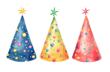Birthday caps, watercolor Party Hats with transparent background, set of birthday decorative elements 