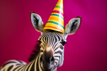 Funny and friendly cute zebra wearing a brithday party hat in studio, on a vibrant, colorful background. Generative AI