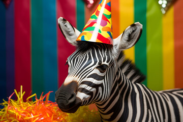 Fototapeta na wymiar Funny and friendly cute zebra wearing a birthday party hat in studio, on a vibrant, colorful background. Generative AI