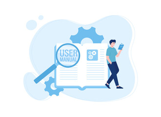 Man reading guidebook with book and magnifying glass concept flat illustration