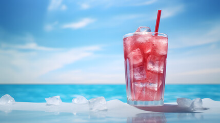 Refreshing summer drink with strawberries, lime and mint on the beach
