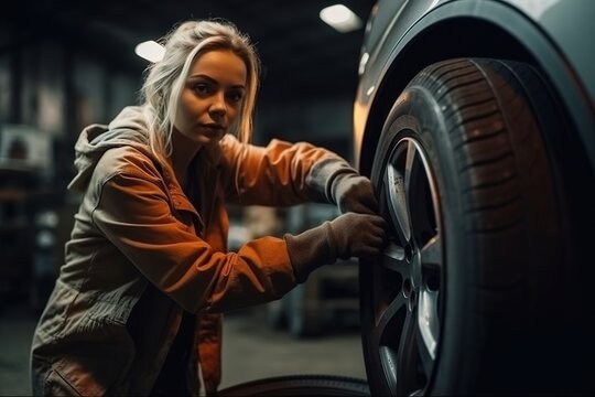 Portrait confident female auto mechanic in garage.