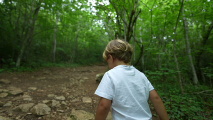 Fototapeta premium Little boy hiking outside in nature path child in green outdoors