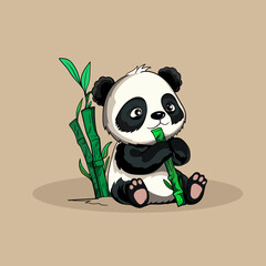 Cute Baby Panda Eat Bamboo Vector Icon Illustration. Panda Mascot Cartoon Character. Animal Icon Concept White Isolated. Flat Cartoon Style Suitable for Web Landing Page, Banner, Flyer, Sticker, Card