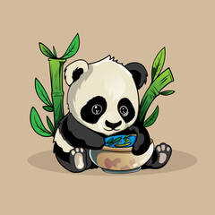 Cute Baby Panda Eat Bamboo Vector Icon Illustration. Panda Mascot Cartoon Character. Animal Icon Concept White Isolated. Flat Cartoon Style Suitable for Web Landing Page, Banner, Flyer, Sticker, Card