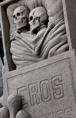 City of Dublin Ireland. Sandsculptures. Matchbox. Death. Eros. Skeletons sleeping in matchbox.